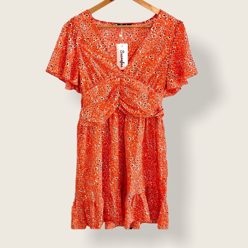 SUCREFAS Floral Ruffle Short Sleeve V Neck Dress